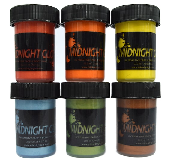 Midnight Glo Black Light Paint UV Neon Face & Body Paint Glow Kit (6 Bottles 0.75 oz. Each) - Blacklight Reactive Fluorescent Paint - Safe Washable