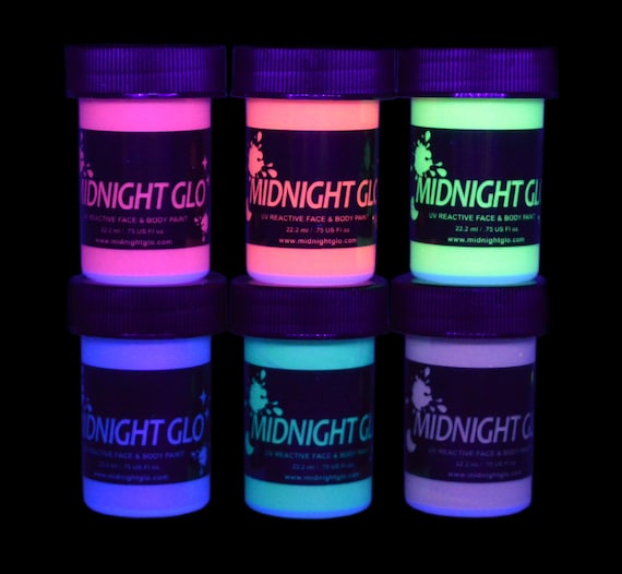 Midnight Glo Black Light Paint UV Neon Face & Body Paint Glow Kit (6 Bottles 0.75 oz. Each) - Blacklight Reactive Fluorescent Paint - Safe Washable