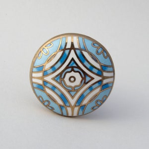 Art Deco Drawer Pull - Blue + Gold - Beautiful Ceramic Drawer Pulls, Drawer Knobs, Cabinet Knobs and Pulls, Unique, Decorative, Round