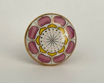Mod Flower Pink and Gold Drawer Pull - Beautiful Ceramic Drawer Pulls, Drawer Knobs, Cabinet Knobs and Pulls, Unique, Decorative, Round