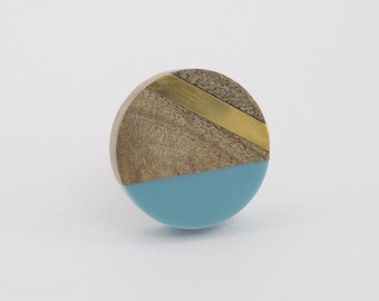 Modern Blue and Gold Geo Knob - Round Geometric Fusion - Wooden Unique Drawer Pulls, Cabinet Knobs and Pulls, Unique, Decorative, Blue Knob