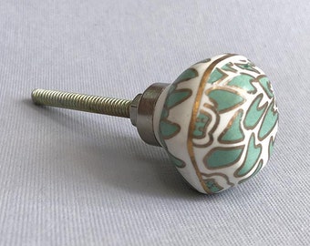 Sea Green Ginko Ceramic Knob – Art Deco Drawer Pull