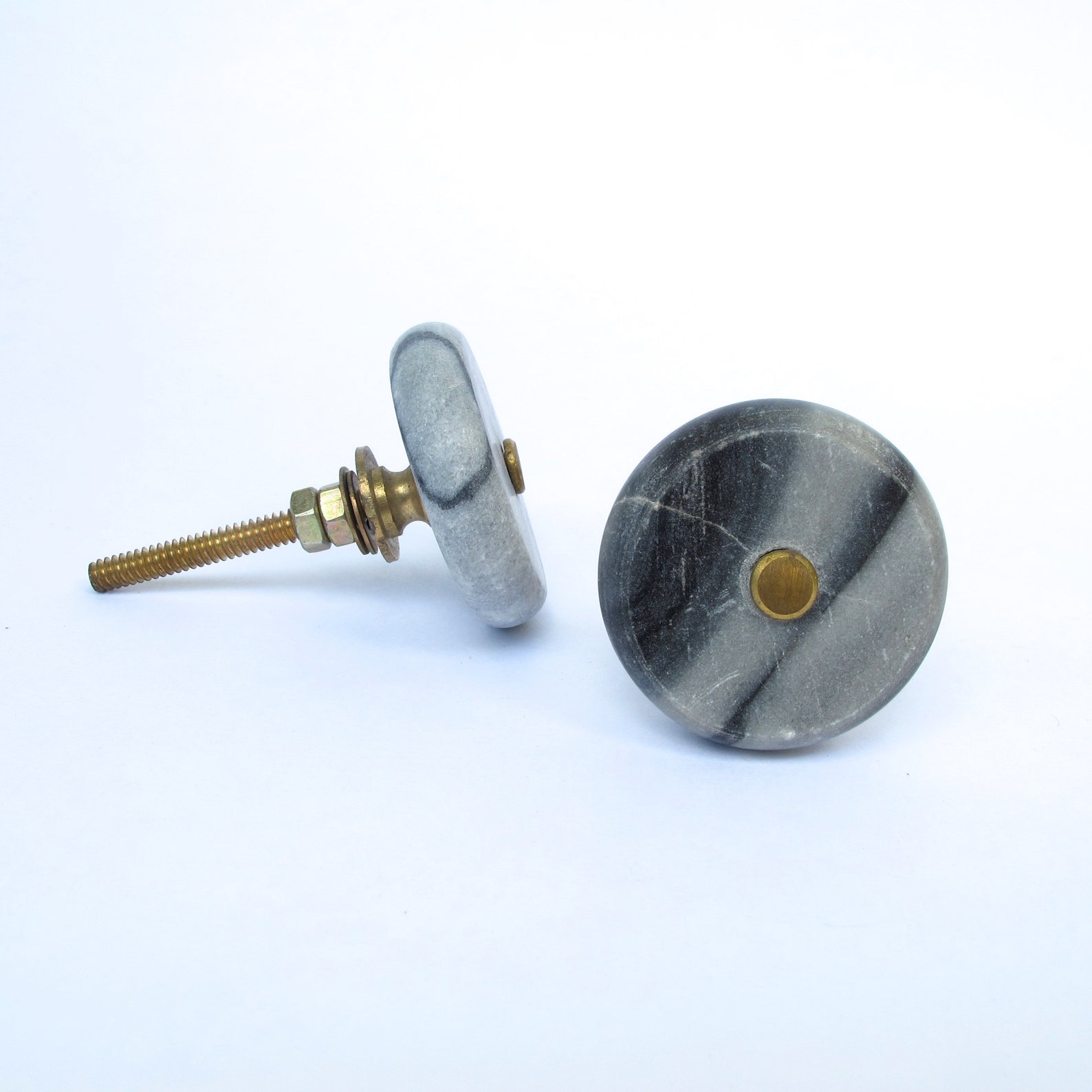Round Gray Marble Knob Unique Pulls Grey Gold Knob Etsy