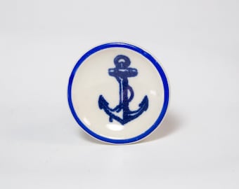 Nautical Anchor Ceramic Drawer Knob, Royal Blue on White
