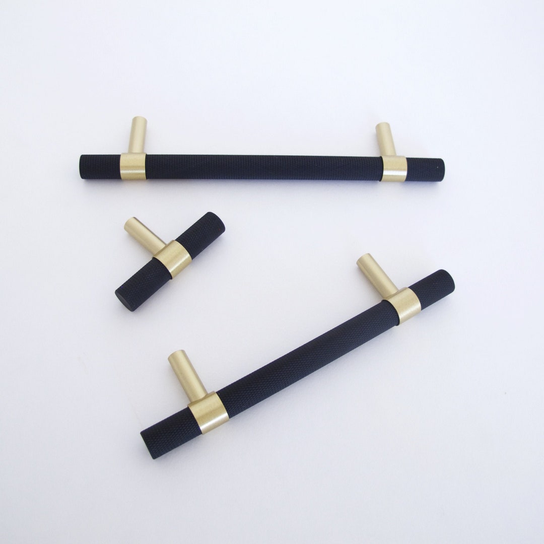 Knurled Brass Matte Black Handles Tbar Black Pulls and Drawer