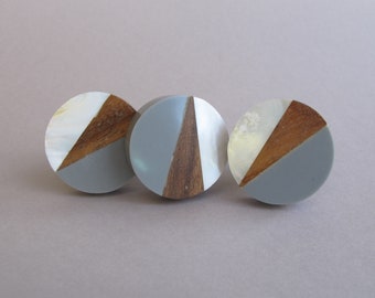 Geo Knob in Grey - Round Geometric Fusion - Wooden Unique Drawer Pulls, Cabinet Knobs and Pulls, Unique, Decorative, Mother of Pearl