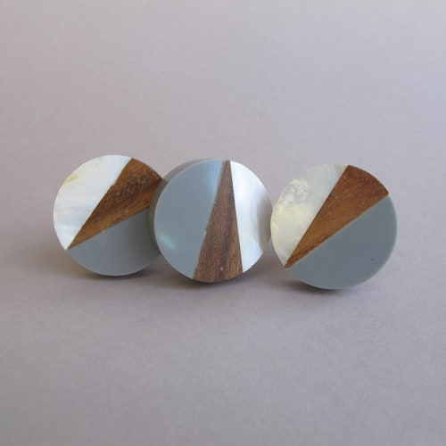 Bouton géométrique gris - Fusion géométrique ronde - Poignées de tiroir, boutons de meuble et poignées en bois uniques, uniques, décoratives, nacre