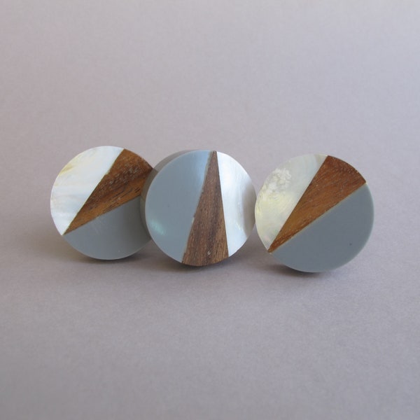 Geo Knob in Grey - Round Geometric Fusion - Wooden Unique Drawer Pulls, Cabinet Knobs and Pulls, Unique, Decorative, Mother of Pearl