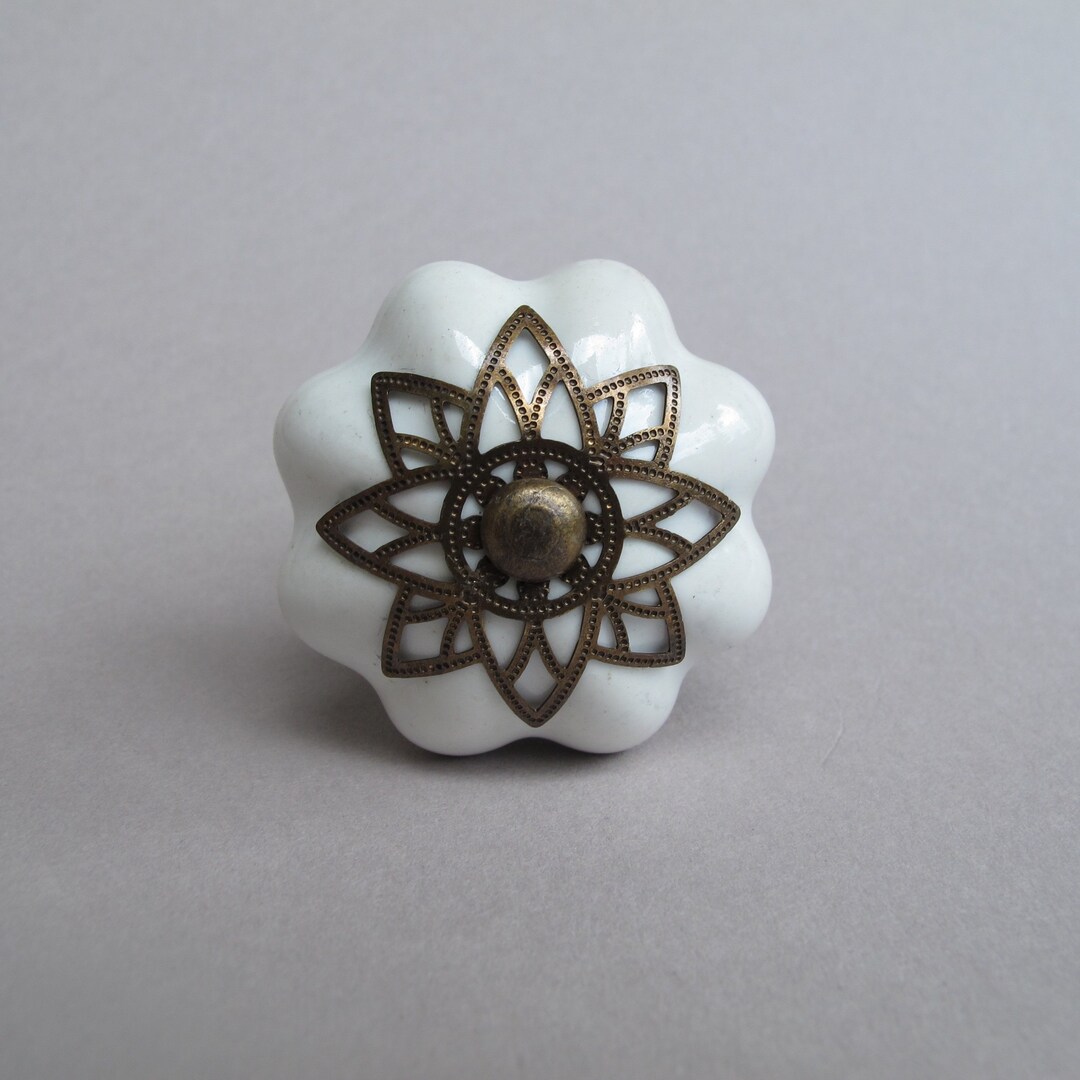 Brass Starburst Knob White Brass Drawer Pulls, Drawer Knobs,