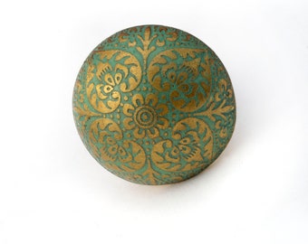 Gold and Green Floral Brass Drawer Knob, Handmade