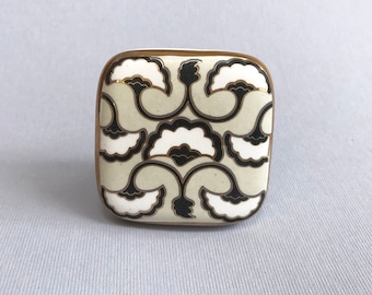 Ginko Ceramic Drawer Knob – Large Square Grey Floral Pull