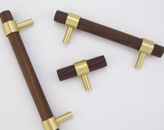 Wood + Brass Handles and T-bar - Drawer Handles pulls, Wooden & Gold Brass Finish, Cabinet  Pulls, Solid Brass Metal,  Modern