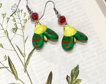 Small green and yellow moth earrings with ornament. Colorful hypoallergenic dangle-drop earrings with hand sculpted and hand painted moth.