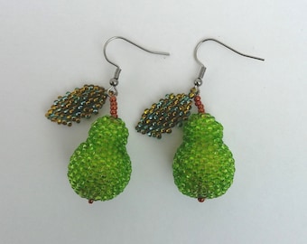 Fresh green pear earrings full of life and color. Playful beaded fruit earrings inspired by nature — a lovely gift for her.