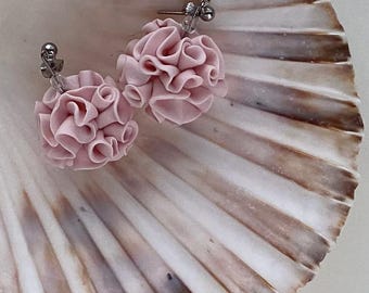 Handmade ruffled ball earrings in soft pink. Hand sculpted Bon Bon earrings. Floral dangle earrings with dainty touch of spring. Cream studs