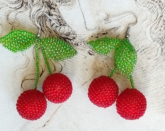 Red sweet cherry earrings. Double cherry beaded earrings, dangle drop fruity earrings for her. Hypoallergenic cherry earrings