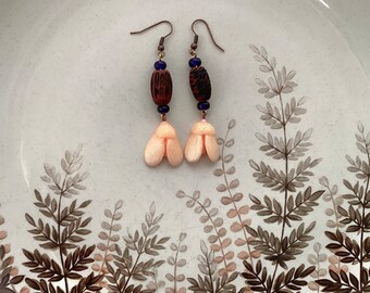 Dangle drop moth earrings with burned wooden beads. Butterfly earrings in nude and brown colours. Nature inspired gift for her.