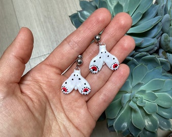 Small white moth earrings with ornament. Hypoallergenic stud earrings with hand sculpted and hand painted moth.