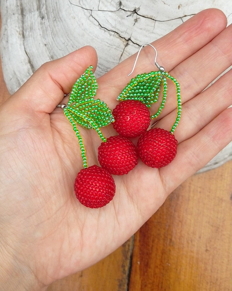 Red Sweet Cherry Earrings. Double Cherry Beaded Earrings, Dangle Drop