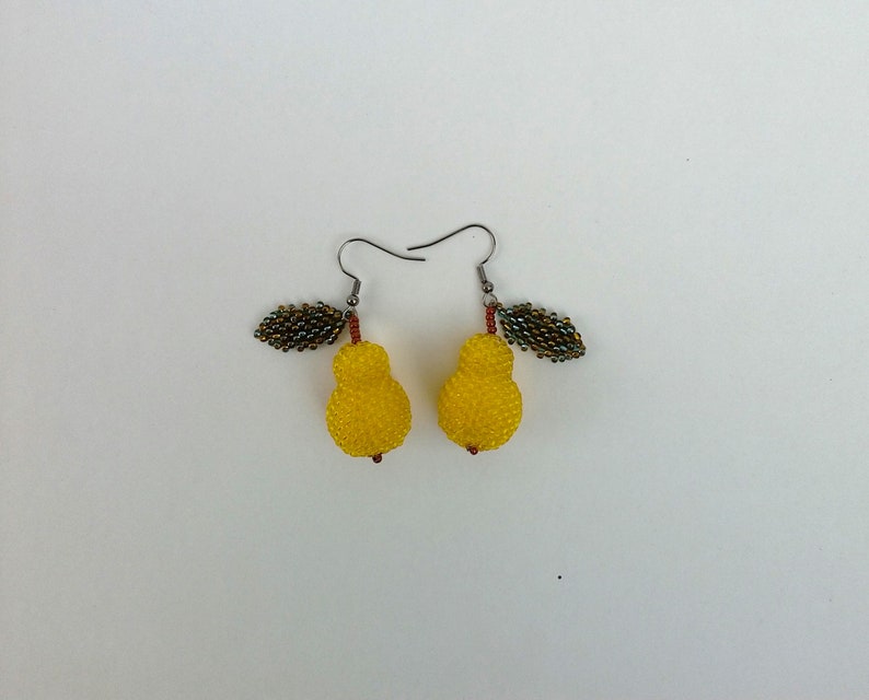 Bright Yellow Pear Earrings. Beaded Fruit Earrings for Her. Harvest