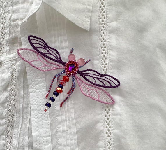 Beaded Dragonfly Brooch in Pink, Purple and Violet . Fancy 
