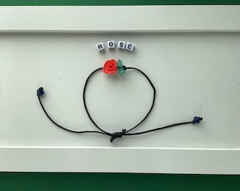 Handmade rose bracelet. Friendship bracelet with red rose flower. Adjustable cord bracelet.