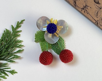 Handmade double cherry brooch with flower and leaves. Twin cherries pin for her. Beaded 3d fruit accessory for blouse, jacket, bag or hat.