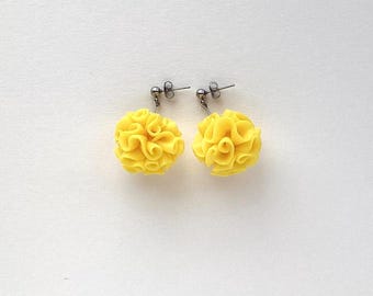 Handmade ruffled ball earrings in sunny yellow. Hand sculpted Bon Bon earrings. Floral dangle earrings with dainty touch of spring.