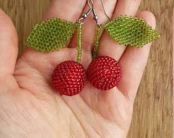 Red cherry earrings for summer walking around. Beaded cherry earrings on green stem.Single cherry dangles.Trendy cottagecore cherry earrings
