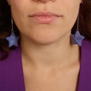 Purple dangle star earrings, long and beautiful. Beaded star earrings for girls and women. Christmas jewelry.
