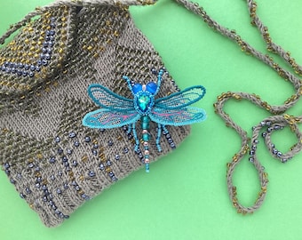 Beaded dragonfly brooch in green, blue and teal. Delicate handmade insect brooch will add a summery touch to your look.