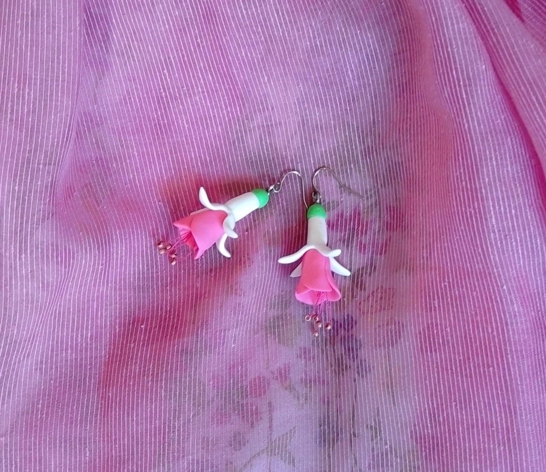 Fuchsia Flower Earrings in White and Pink. Dangle Floral Earrings for ...
