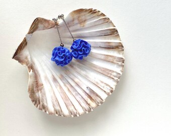 Handmade ruffled ball earrings in royal blue. Hand sculpted Bon Bon earrings. Floral dangle earrings with dainty touch of spring.
