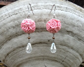 Pink flower ball wedding earrings. Handmade pink rose earrings. Bridesmaid flower earrings. Romantic floral earrings for her. Hypoallergenic