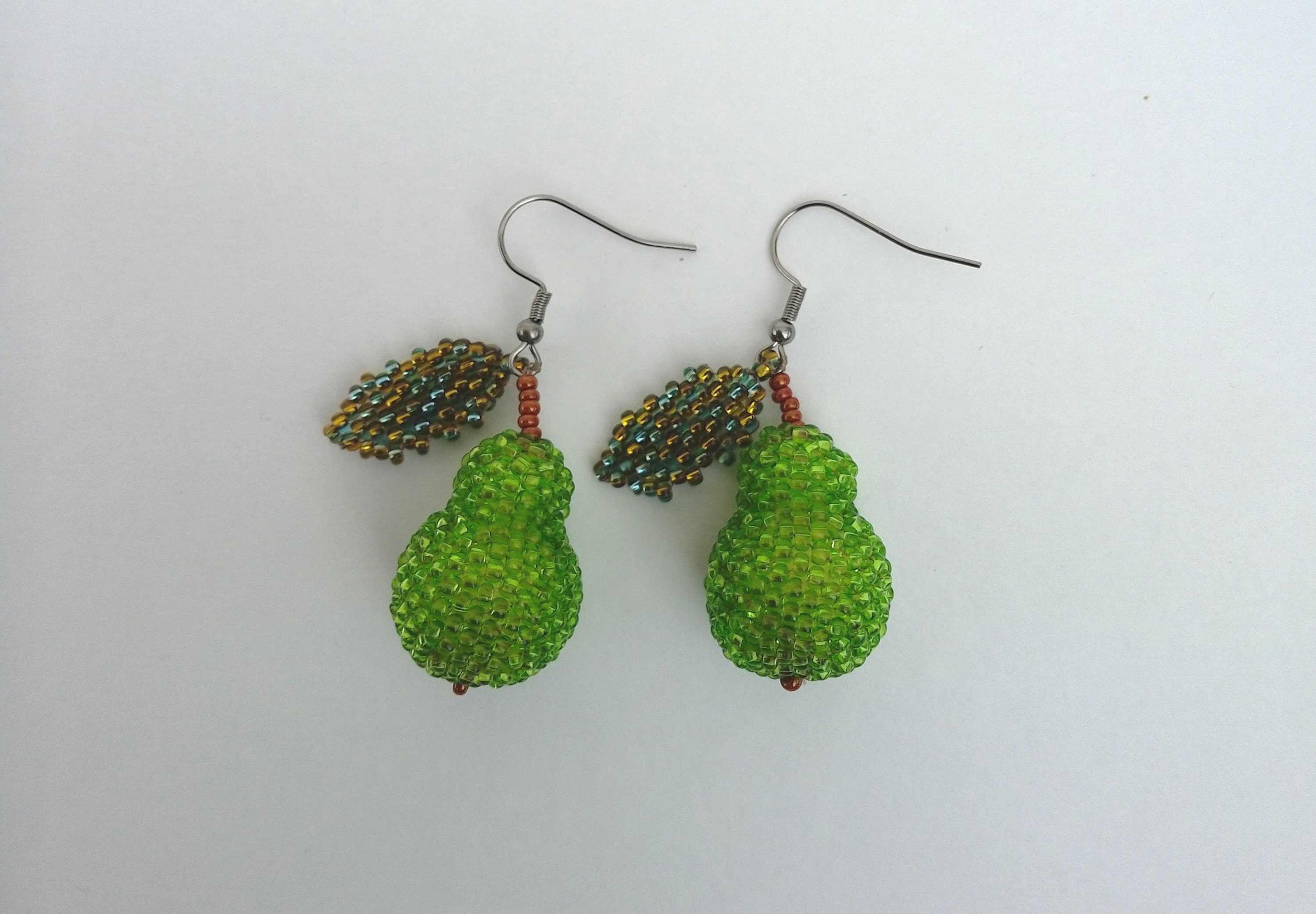 Fresh green pear earrings. Beaded fruit earrings for her. Etsy
