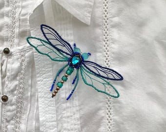 Beaded dragonfly brooch in blue and teal. Delicate handmade insect brooch will add a summery touch to your look.