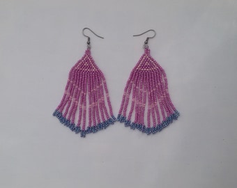 Long pink beaded earrings with blue at the ends of fringes. Long boho earrings for her. Small jewelry gift for her.