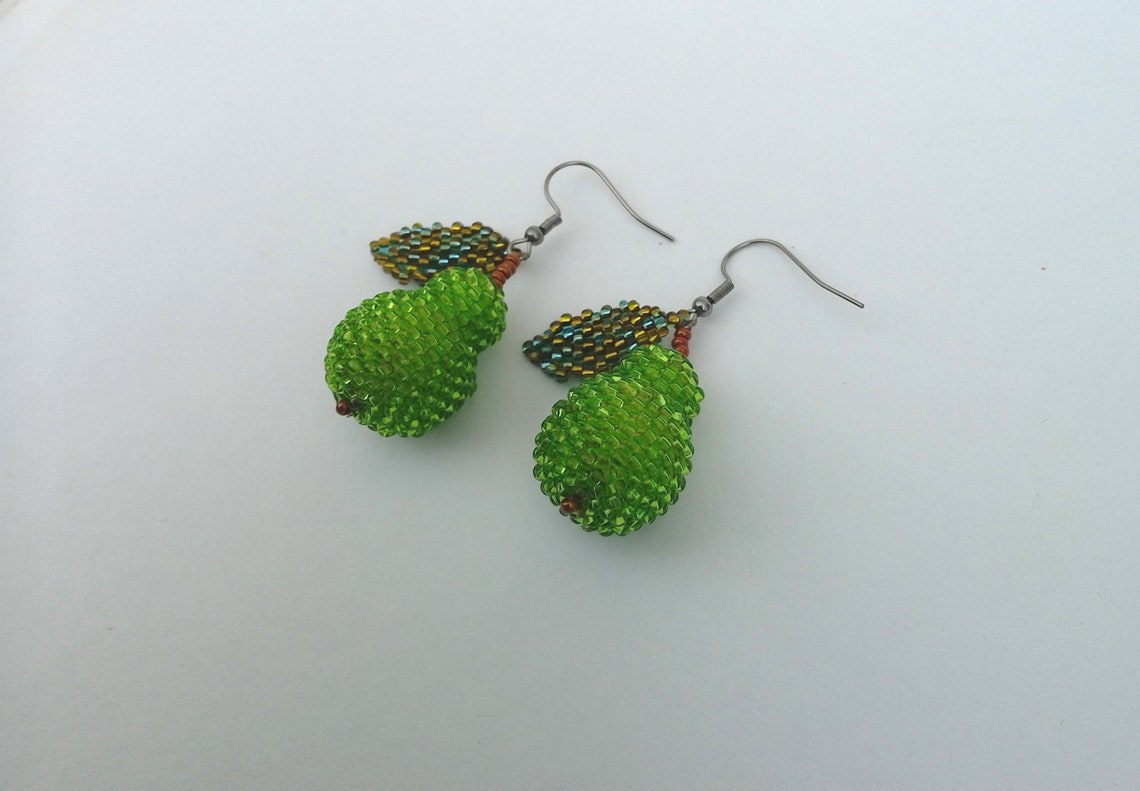 Fresh Green Pear Earrings. Beaded Fruit Earrings for Her. Etsy