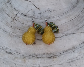 Tasty pear earrings in yellow. Beaded fruit earrings for her. Small jewelry gift for girl or woman. Cottage core earrings