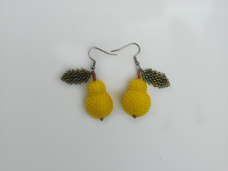 Bright Yellow Pear Earrings. Beaded Fruit Earrings for Her. Harvest