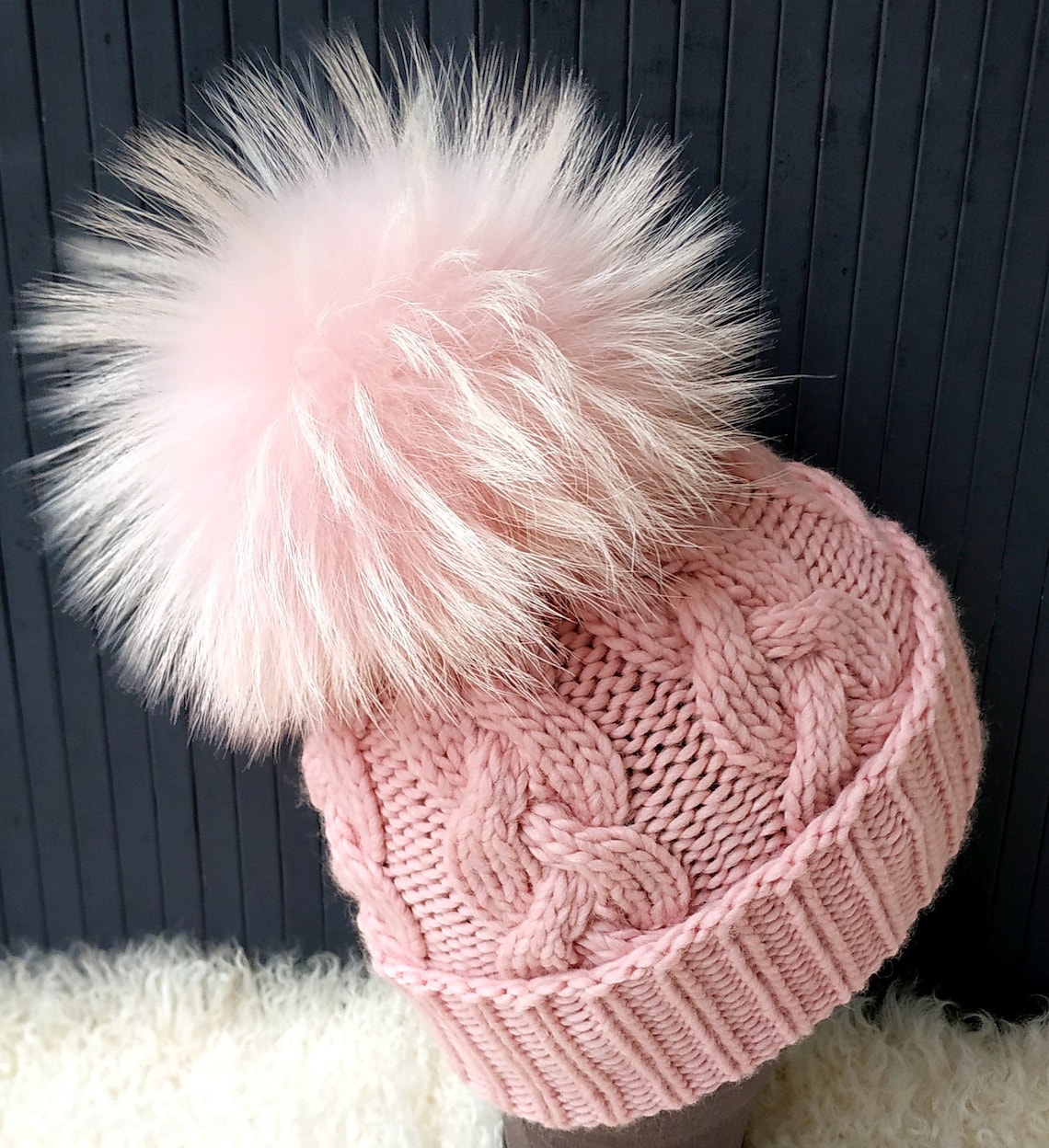 Pompom Hat Chunky Beanie Real Fur Pompom Beanie Pink Knitted Etsy