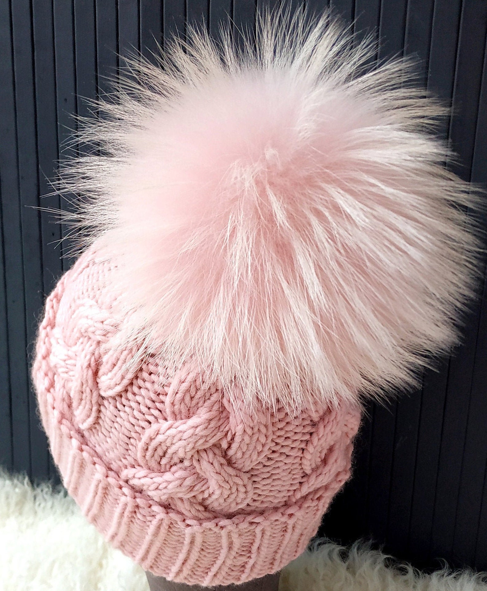Pompom Hat Chunky Beanie Real Fur Pompom Beanie Pink Knitted Etsy