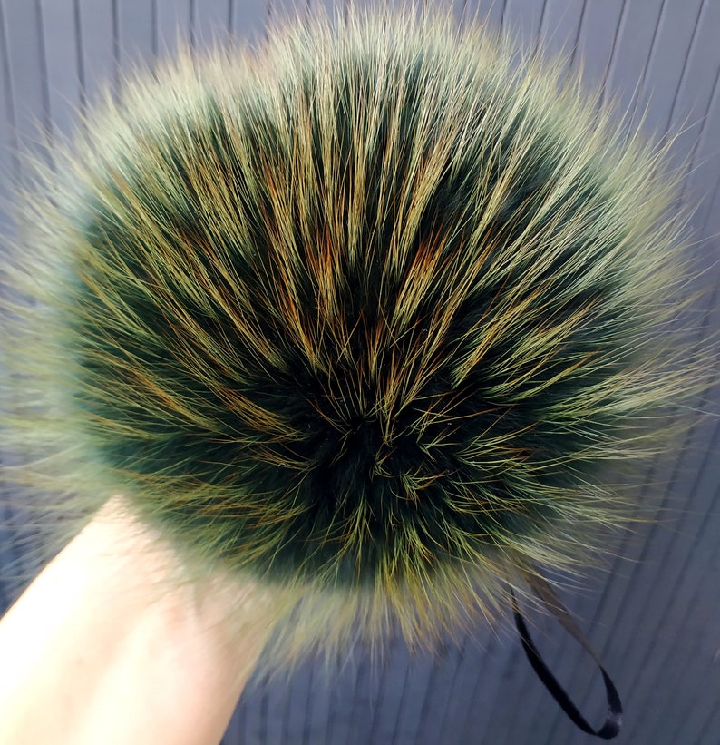 7 Gold Green Fox Fur Pom Pom Green Pompom Fox Fur Pom Pom Large Fur Fox Pompoms Real Fur Pom Pom Fox Fur Pompom for hats beanies Gifts
