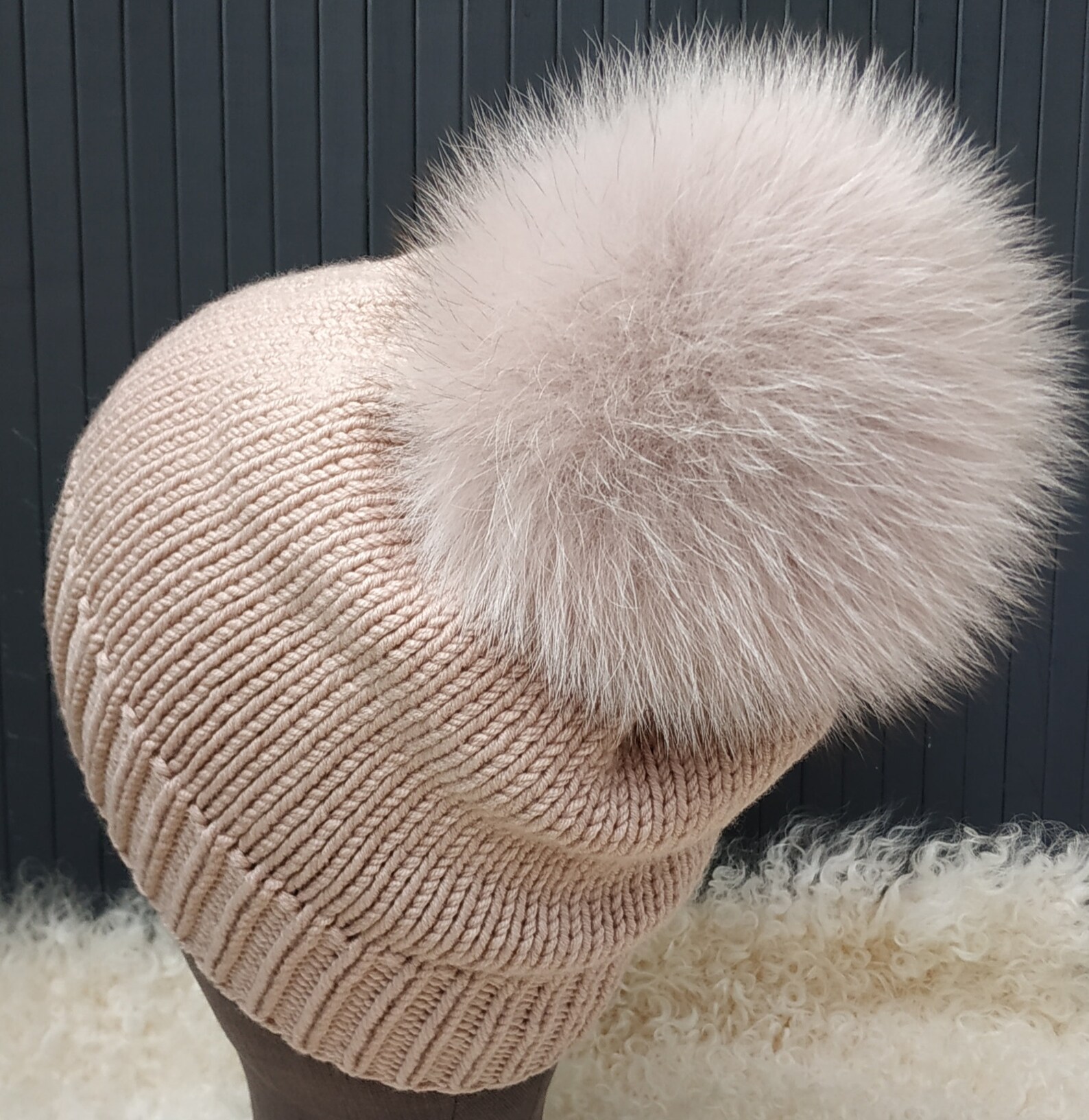 Pompom Beanie Knit Hat Fox Fur Pom pom Beanie Wool Knitted Hat | Etsy