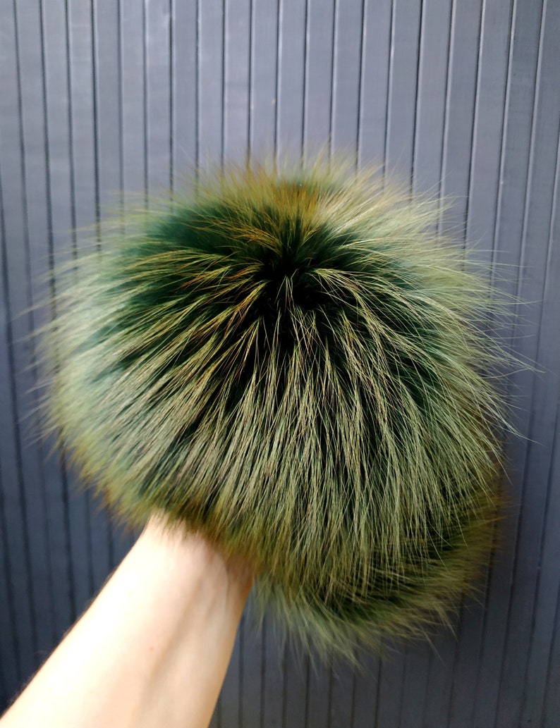 7 Gold Green Fox Fur Pom Pom Green Pompom Fox Fur Pom Pom Large Fur Fox Pompoms Real Fur Pom Pom Fox Fur Pompom for hats beanies Gifts