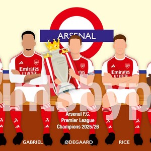 May include: Illustration of Arsenal F.C. players in red and white uniforms, with the Premier League trophy. The image includes the text "Arsenal F.C. Premier League Champions 2025/26" and the names of the players.