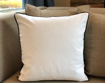 Funda de cojín decorativa blanca de algodón con ribete negro, funda de almohada sólida con cremallera