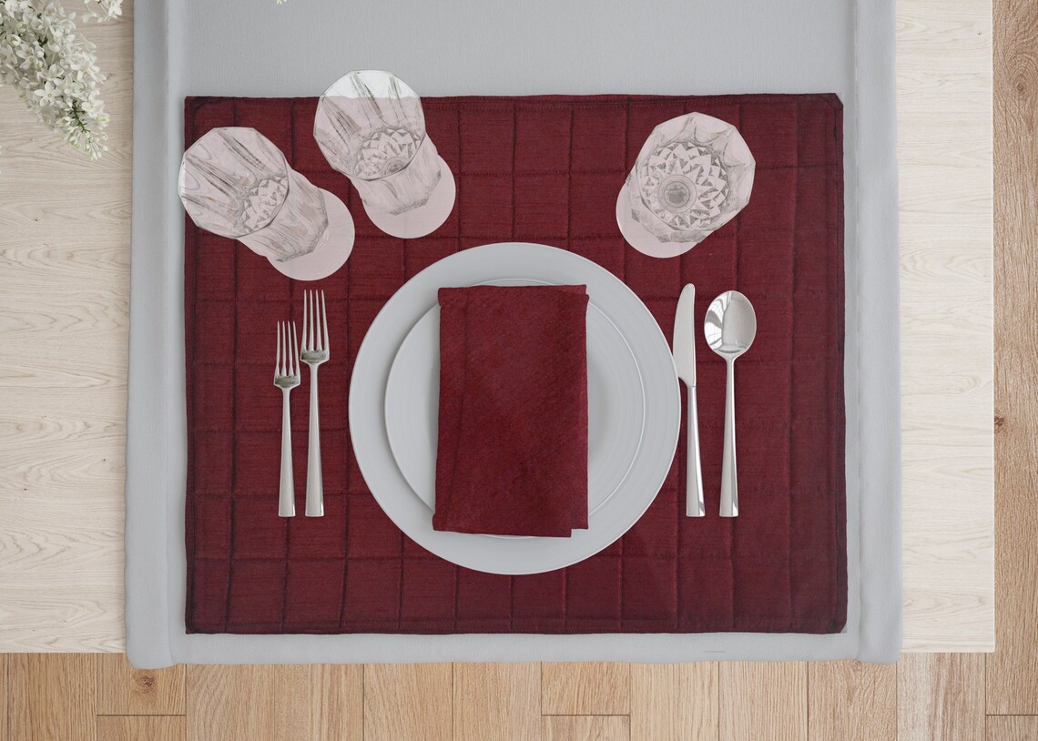 Placemats And Napkins Set of 4 Burgundy Quilted Polyester Etsy
