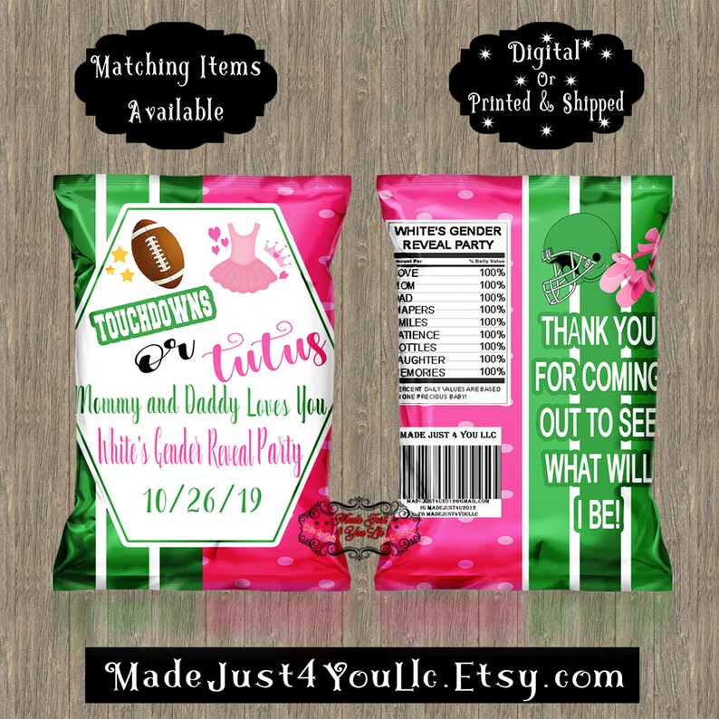 Touchdown Or Tutu Gender Reveal Party Chip Bag Touchdown Or Tutus Favors Touchdown Or Tutu Treats Printable Or Digital