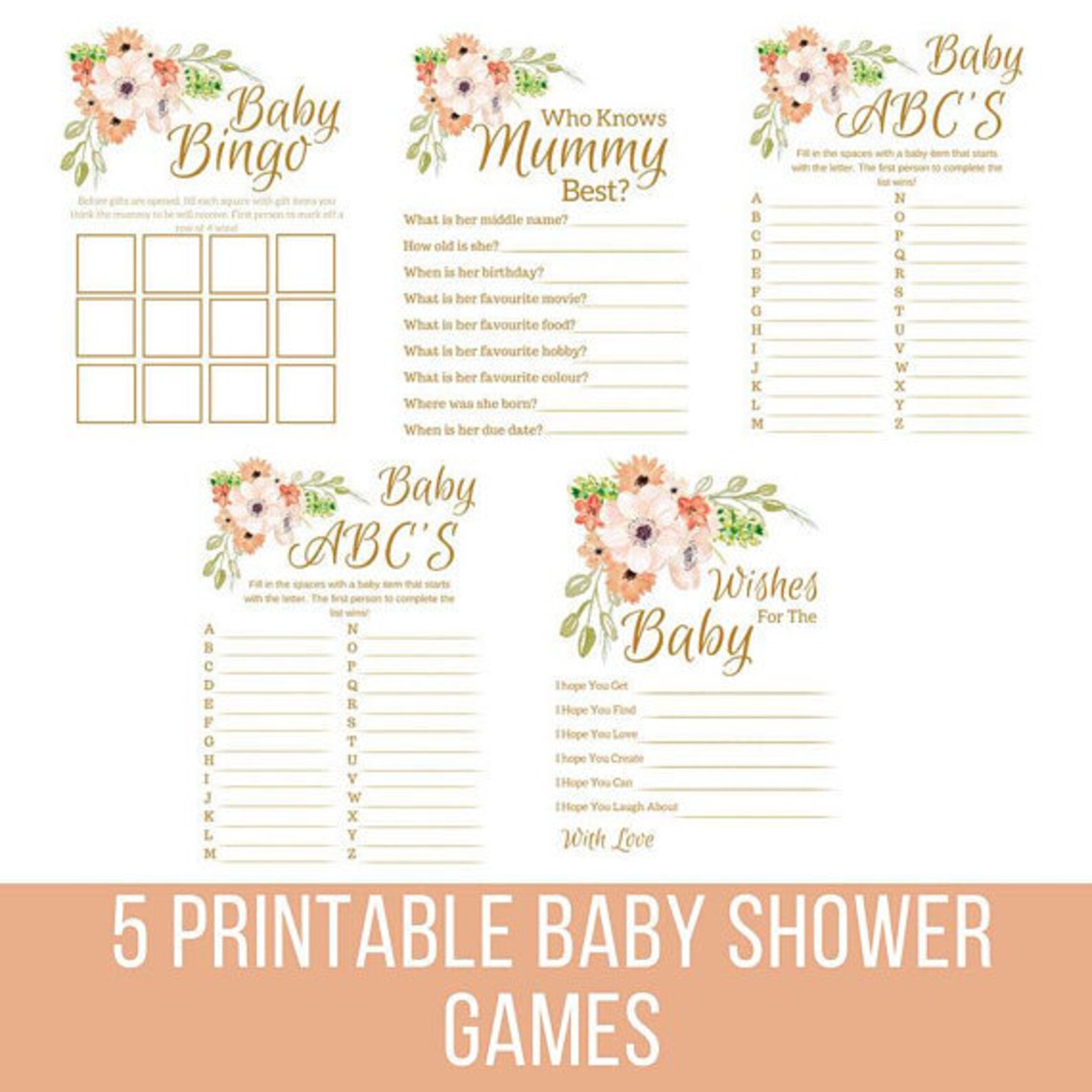 Floral Baby Shower Games Package Baby Shower Activities 5 Etsy